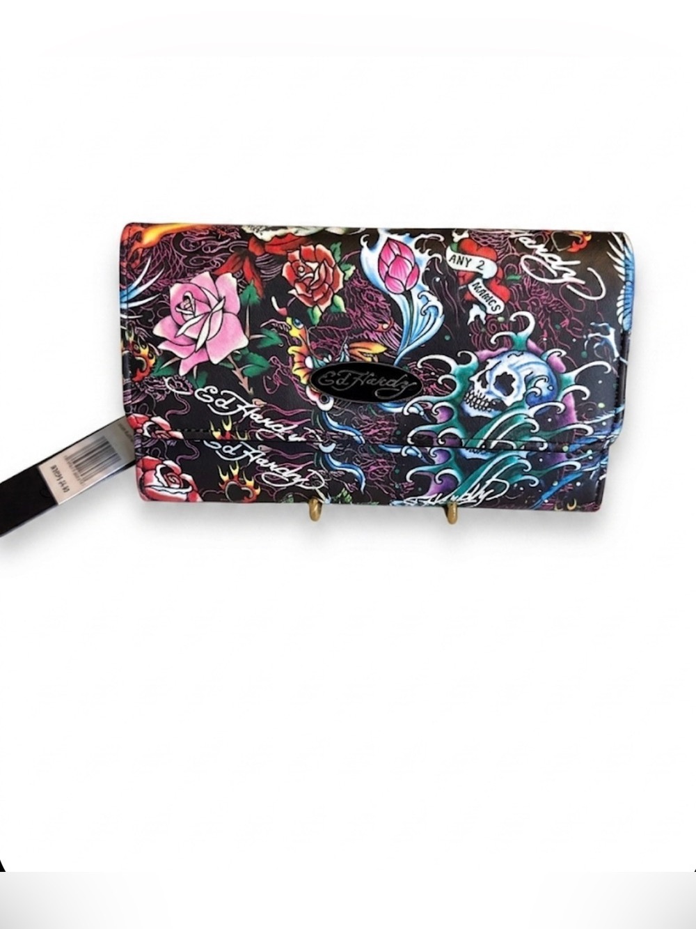 Ed Hardy Black Floral Skull Print Women's Wallet with Colorful Tattoo Art